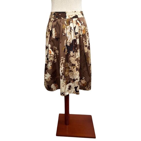 Talbots Pleated A-line Skirt Women's Sz 4 Chocolate Brown Gold Floral Career - Picture 2 of 6